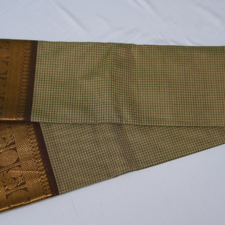 kanchi cotton saree- Pista green & brown border