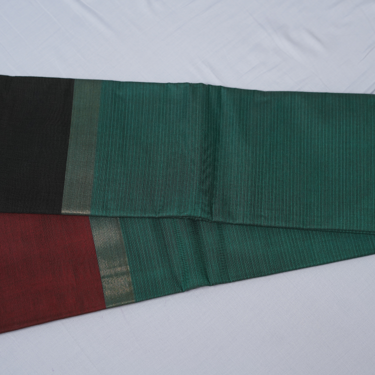 Kanchi cotton-Checks with ganga jamuna border-Black & purple borders and bottle green saree