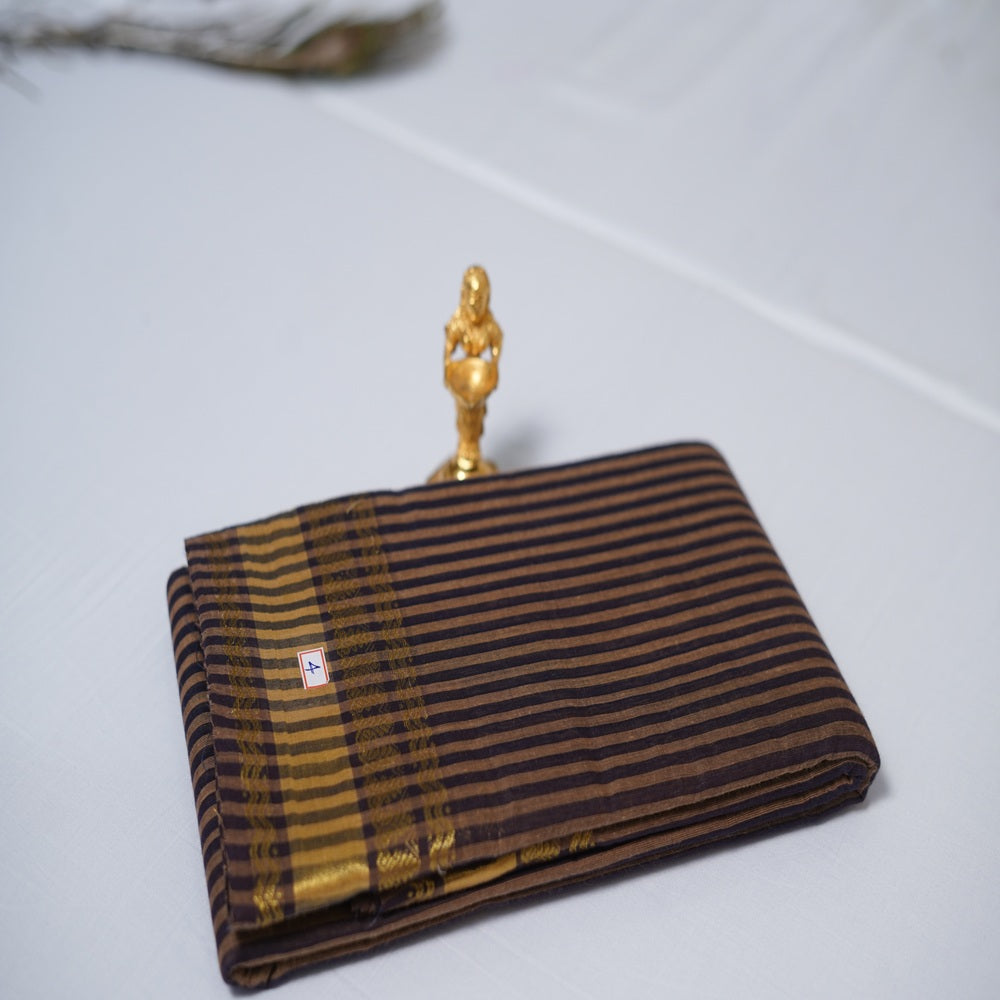 Kanchi Cotton Saree – Stripes in Brown & Violet Checks