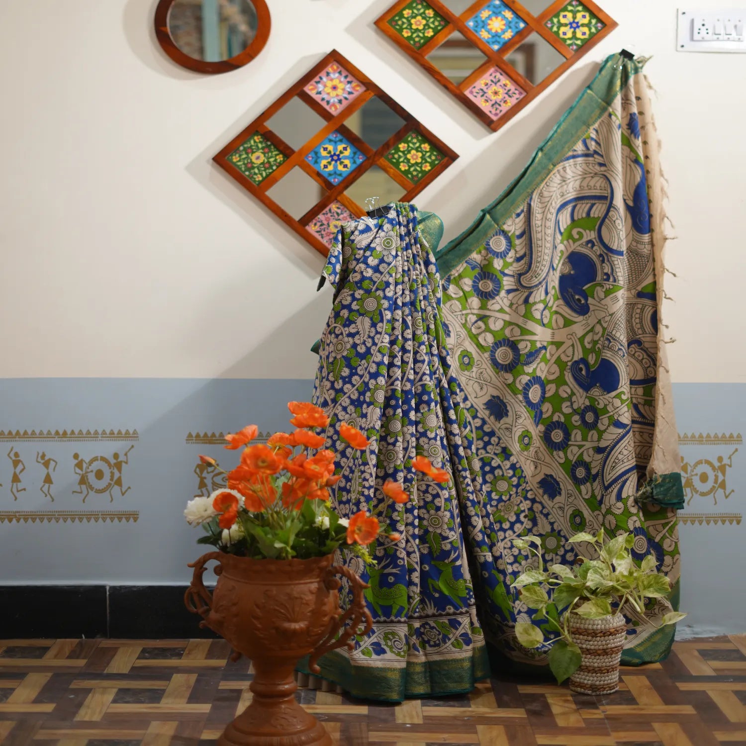 Mangalagiri Silk Fabric – Green & Blue with Kalamkari Floral Design