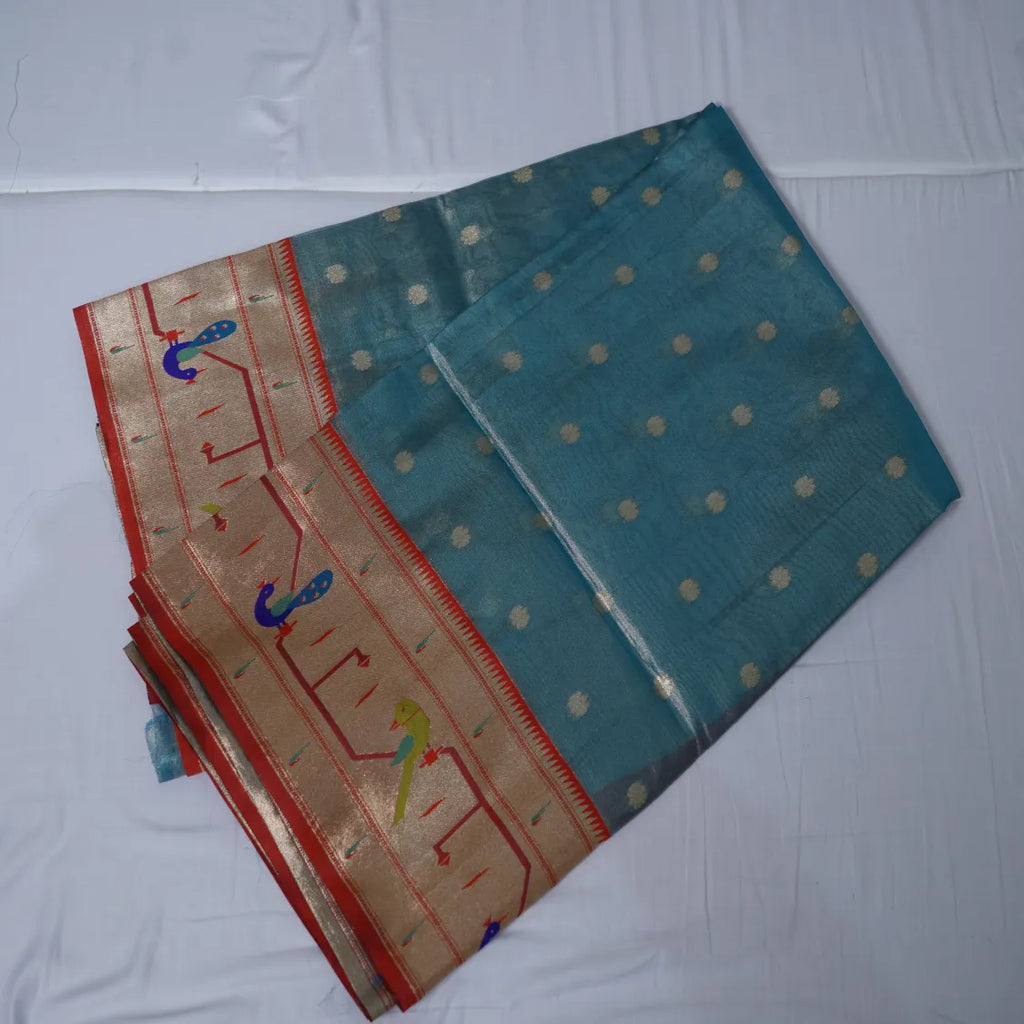 Organza Paithani Saree – Blue with Brick Red Border