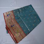 Organza Paithani Saree – Blue with Brick Red Border
