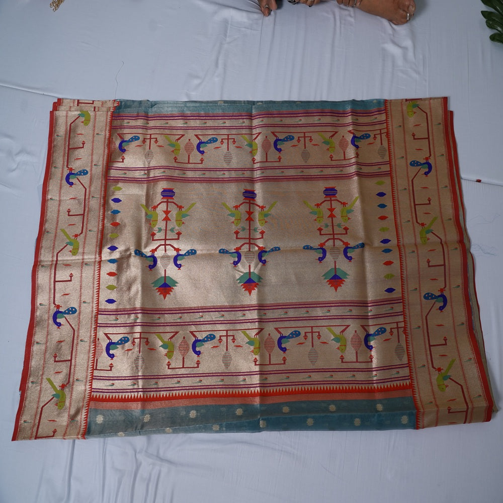 Organza Paithani Saree – Blue with Brick Red Border